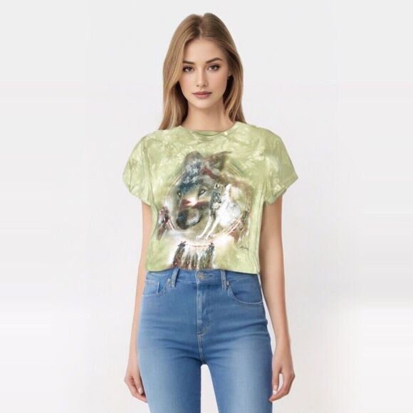 The Mountain M Medium Wolf T-Shirt Green Tie Dye Short Sleeve Native American - Picture 1 of 7